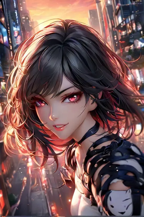 closeup anime portrait of a girl, happy face expression, eye contact, action-packed, by Sakimichan, by WLOP, by Ilya Kuvshinov, by RossDraws, by Artgerm, Tokyo city streets background, sunset, elaborate, masterpiece, detailed