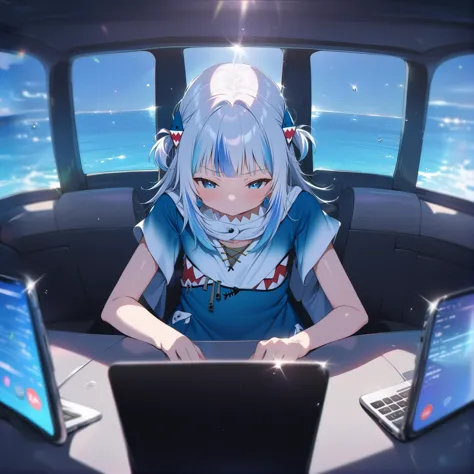 anime girl sitting in a car with two laptops on her lap