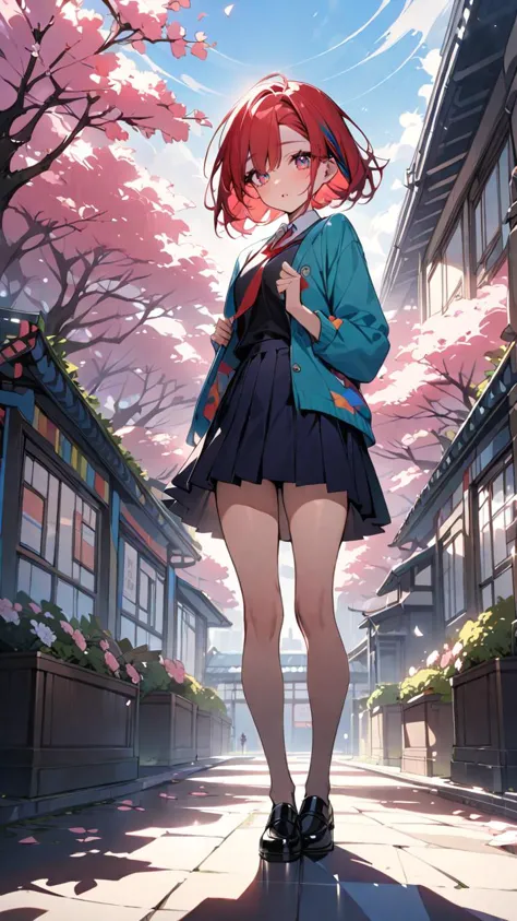 (colorful design, atmospheric scene, masterpiece, best quality) A cheerful cute (school girl) with (red slick undercut hair:1.3), standing gracefully in a sunny urban setting, cherry blossom garden