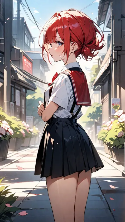 anime girl with red hair and a school uniform holding a knife