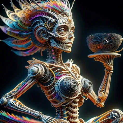 a close up of a skeleton holding a cup and a plate