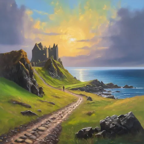 perfect masterpiece painting, heavy impasto, inspired by bob ross, Irish landscape, mixed with scottish elements, a gravel path, solo scottish man walking towards Dunluce Castle, (godrays:1.6) beam of light shining on the castle, beautiful sky with clouds, colors, Celtic religion is an ancient set of spiritual beliefs and practices of the Celtic people who lived during the Iron Age