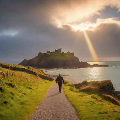 Irish landscape, mixed with scottish elements, a gravel path, solo scottish man walking towards Dunluce Castle, (godrays:1.6) beam of light shining on the castle, beautiful sky with clouds, colors, Celtic religion is an ancient set of spiritual beliefs and practices of the Celtic people who lived during the Iron Age