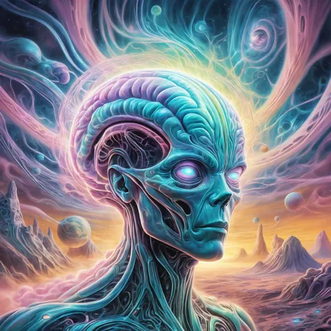 a painting of a humanoid with a brain and a body of water