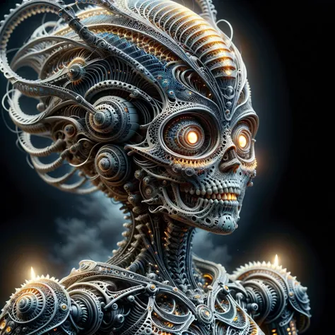 Gothic style female android mechanical skeleton made of candle scales,pitch black dark background,[lemon slices:alien spaceship ...