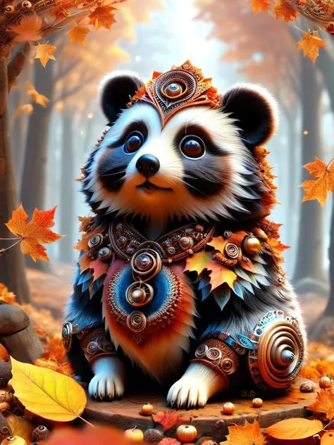 a panda bear with a crown sitting on a rock in the woods