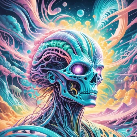 a painting of a skeleton with a glowing head and a colorful background