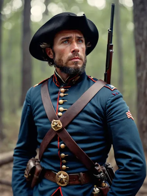 Cinematic, 32yo male, Hyper quality, hyper-detailed, hyper-maximalist, extremely intricate, cinematic lighting, cinematic pose, wary expression, tense pose, American Civil War, Union, Scout, 1861