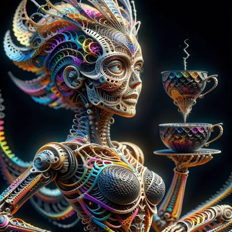 female android mechanical skeleton made of book scales,pitch black dark background,[giant teacup:woman:8],abstract,[muted colors:vivid colors:8],sharp,tiltshift,hyperdetailed,maximum fidelity,quality,cinematic,subsurface scattering,maximal attention to correctness and detail,epic,magnificent,wondrous,<lora:DeverScalesXL:0.8>,dvrscls,<lora:ral-frctlgmtry-sdxl:0.8>,ral-frctlgmtry,