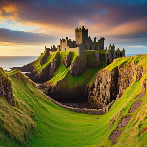 a castle on a cliff overlooking the ocean at sunset