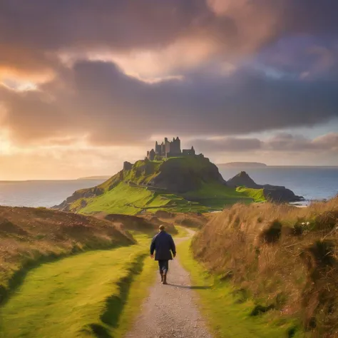 Irish landscape, mixed with scottish elements, a gravel path, lone scottish man walking towards Dunluce Castle, (godrays:1.6) beam of light shining on the castle, beautiful sky with clouds, colors, Celtic religion is an ancient set of spiritual beliefs and practices of the Celtic people who lived during the Iron Age