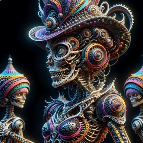 a close up of a person with a hat and a skeleton