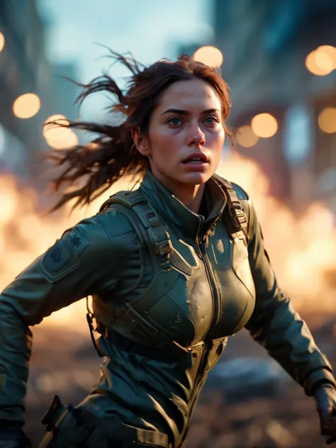 Cinematic, 32yo female, Hyper quality, hyper-detailed, hyper-maximalist, extremely intricate, cinematic lighting, cinematic pose, bokeh, wary expression, tense pose, chaotic, battlefield, running for cover