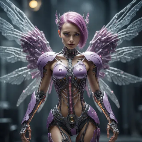 cinematic photo HDR photo of cinematic film still cyborg fairy,full body,crystal wings,mechanical skeleton,mauve hair, . shallow depth of field . High dynamic range . 35mm photograph