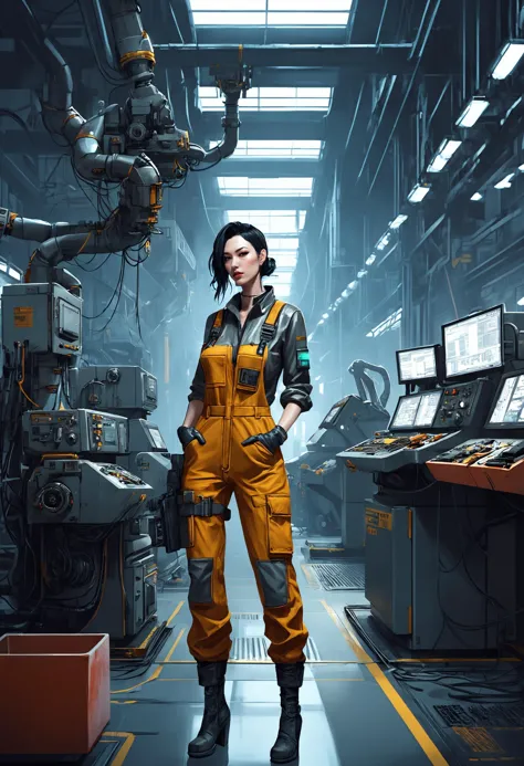 a woman in a yellow jumpsuit standing in a factory