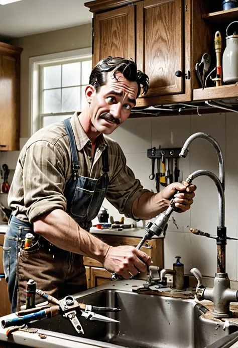 arafed man in apron fixing a faucet in a kitchen