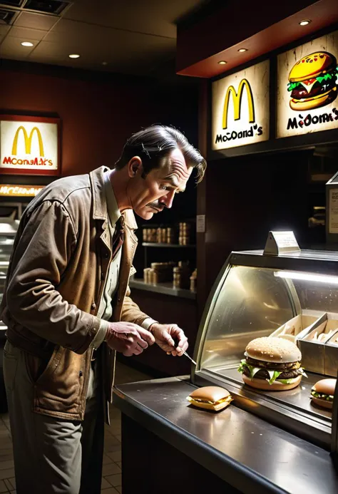 man in brown jacket preparing food in a restaurant with a large window