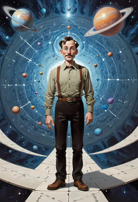 a painting of a man standing in front of a space station