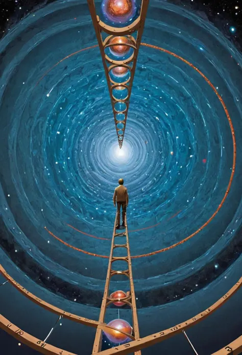 a man standing on a ladder looking at a spiral structure