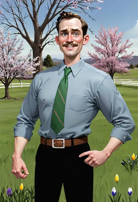 there is a man in a tie standing in a field