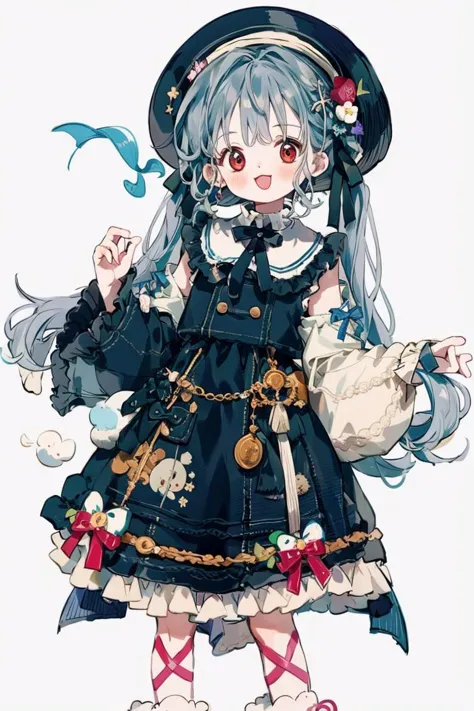 best quality, masterpiece, extremely detailed, 1girl, solo, smile, open mouth, twin tail, long hair, hat, red eyes,:3, standing,...