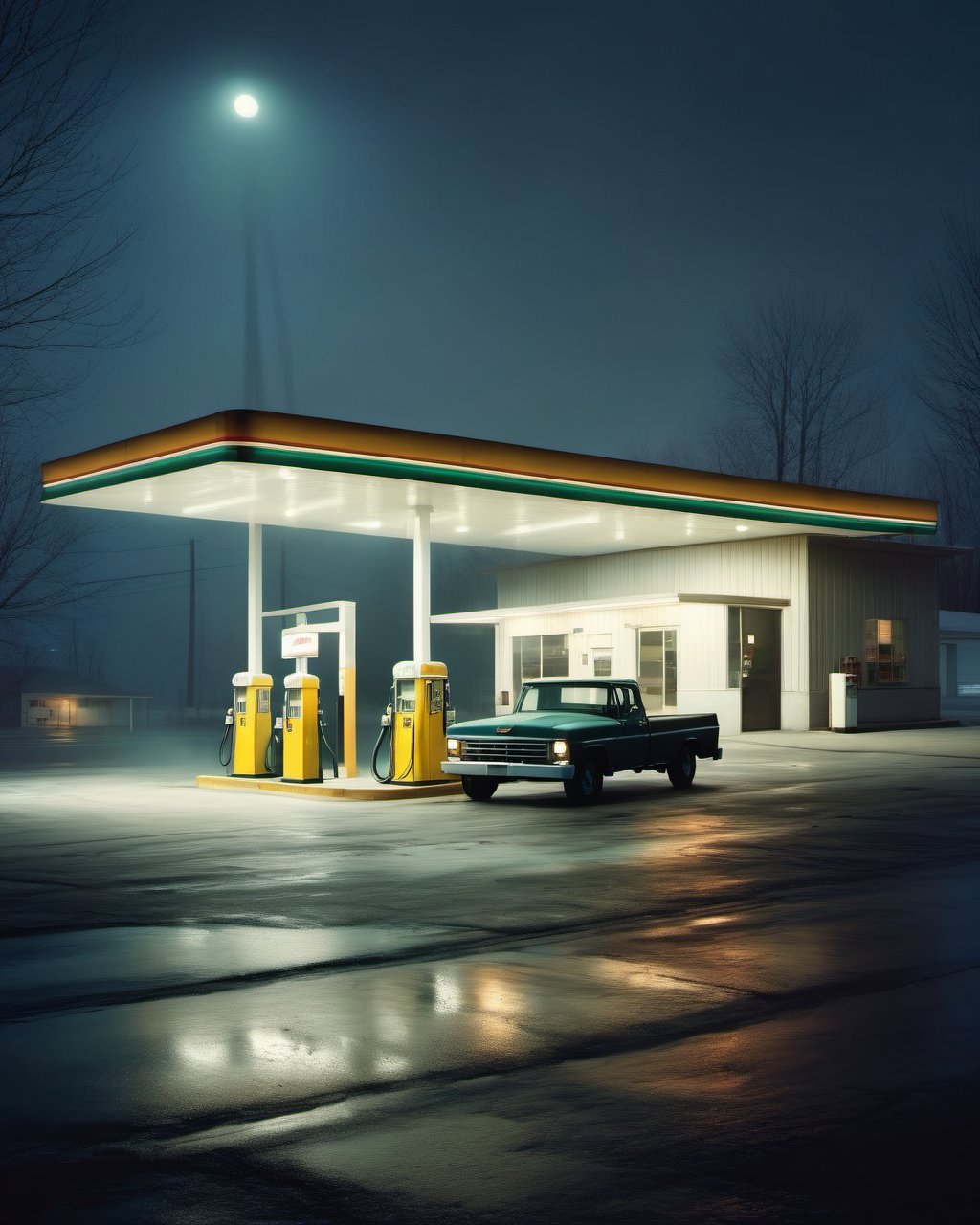 A painting of a gas station with a car parked in front of it - SeaArt AI