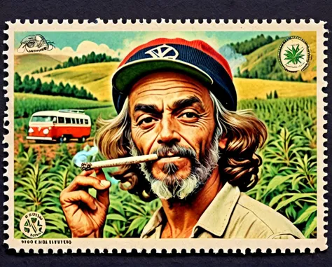 <lora:Vintage Postage Stamps:1>,Vintage Postage Stamps - old vintage postcard template with 30yr old Tommy Chong wearing headban...
