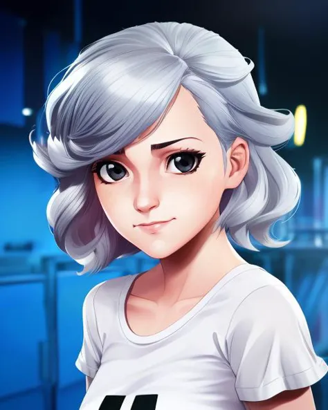 (best quality:1.0), young 1girl, stunningly attractive, perfect feminine face, (cute:1.2), silver short wavy hair, (aroused:1.2), playful, (white t-shirts), library, detailed background, black eyes, highres, (closed mouth:1.1), dynamic angle, (cinematic lighting:1.2), (by Range Murata:1.0), (by Taka Tony:1.0), by Jeremy Lipking, cowboy shot, glasses