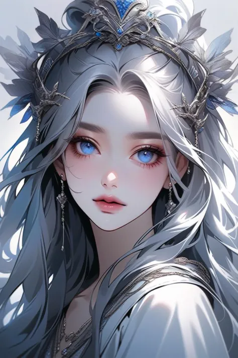 hyper-realistic portrait of a mysterious woman with flowing silver hair, piercing blue eyes, and a delicate floral crown