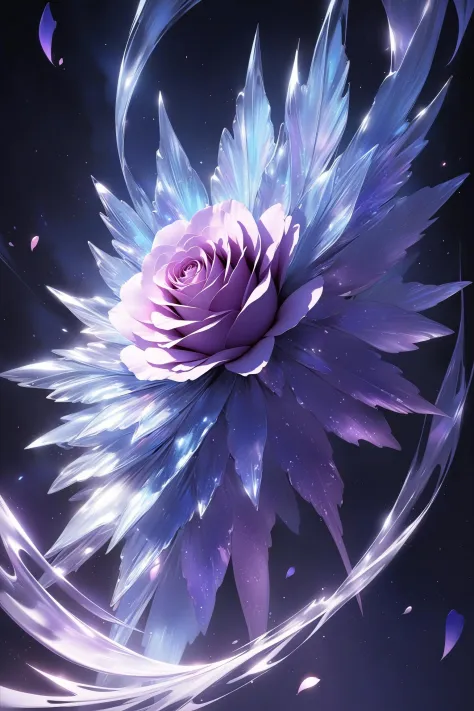 a (frozen:1.1) cosmic rose, the petals glitter with a crystalline shimmer, swirling nebulas, 8k unreal engine photorealism, ethereal lighting, purple, nighttime, darkness, surreal art