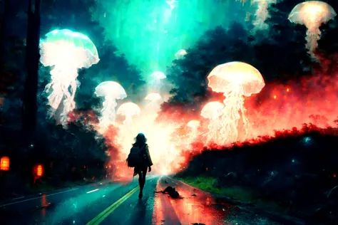 arafed jellyfishs floating in the sky above a person walking down a road