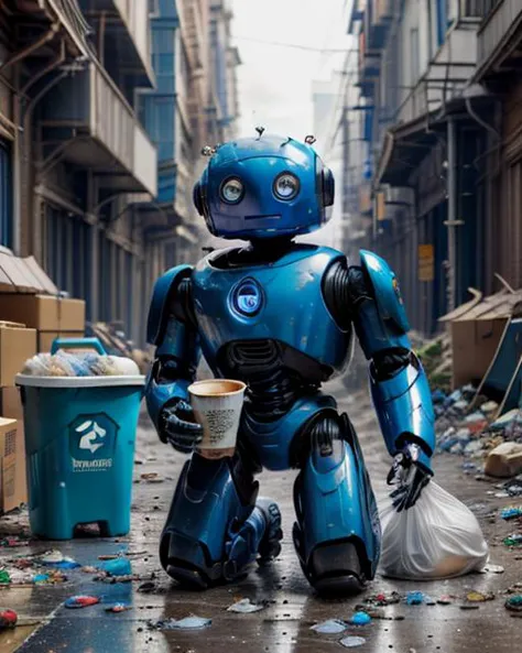 homelesscharity, photo of CivBot, blue robot, blue eyes, robot joints, sad, (on knees), (holding cup:1.4), coins, back alley, trash bag, trash can, cardboard, good quality, detailed, realistic, <lora:CivBot_v2:0.6> <lora:homeless:0.4>