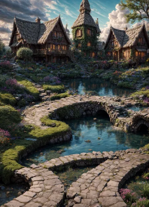 isometric 3d art of fairy castle, cobblestone, flowers, verdant, stone, moss, fish pool, (waterfall:1.2), cottage, <lora:Candyland:1>, CANDYLAND, <lora:add_detail:1>, <lora:more_details:1>, epic sky clouds