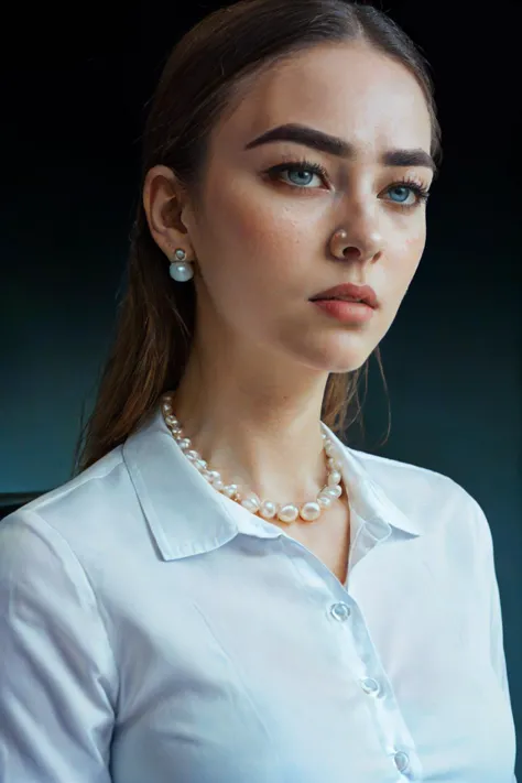 a close up of a woman wearing a white shirt and pearl necklace