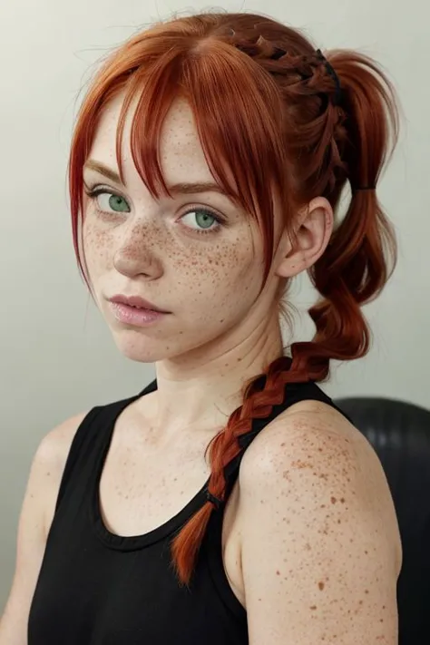 ashlyn_sbg, red hair, green eyes, freckles, pigtails, braid, bangs, black tank top, head cocked