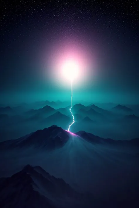 a lightning bolt is seen over a mountain range at night