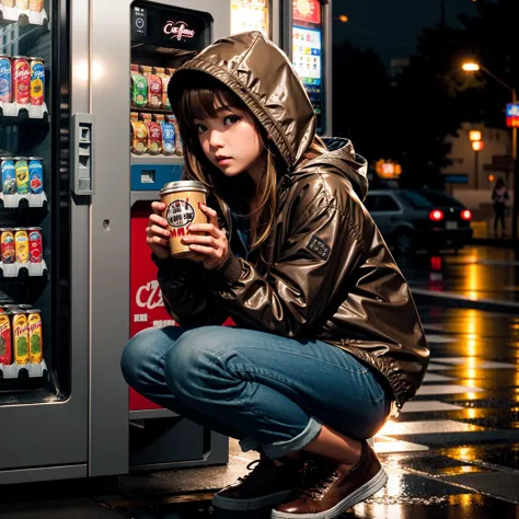 araffe woman in raincoat sitting on the ground with a drink