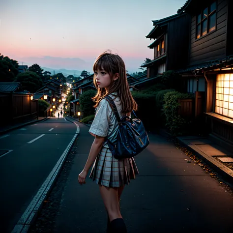 obra de arte, melhor qualidade, 1 garota, japonês, cabelo castanho, franja separada, Cabelo medio, Olhos castanhos, outono, uniforme escolar branco, andando, de lado, olhando para longe, 
(hora azul, Crepúsculo, ISO12000:1.3) , iluminação discreta, mal iluminado, 