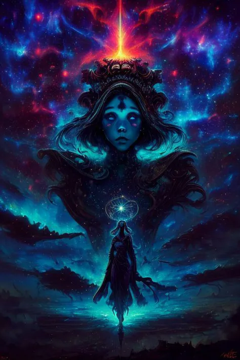 (in Marc Simonetti style:1.4), (masterpiece:1.2), (A female warlock witch sorceress with a body made of swirling cosmic dust and essence that reach into other dimensional portals, adorned in a robe of stars and galactic nebulae of the universe, depicted in a cosmic horror style with magical geometry and horror imagery, wearing unique Avant-garde masterpiece attire and headdress:1.1 and a transparent mask), (illuminated by the divine light emanating from her cosmic galactic halo, set against the backdrop of a post-apocalyptic wasteland:1.1), (hyperdetailed:1.1), (intricate details:1.0), (Refined details:1.1), (best quality:1.1), (very stylish detailed modern haircut, mesmerizing detailed radiant face, mesmerizing detailed beautiful eyes:1.2)