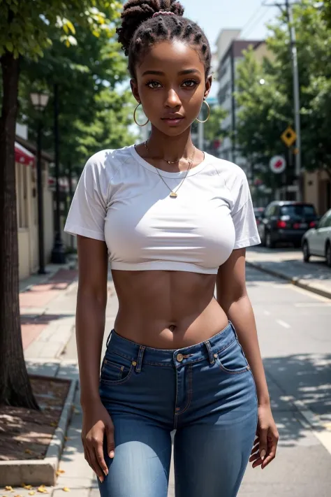 best quality, high detail, (detailed face), detailed eyes,((best quality, masterpiece)), ((1 dark skinned African girl)), white t-shirt, short sleeves, navel, stomach, jeans, crop top, large breasts, (arms at side:1.2), groin, hip bones, ponytail, blunt bangs, black hair, underboob, straight-on, standing, outdoors, looking at viewer,<lora:more_details:0.5> <lyco:GoodHands-beta2:0.8>,