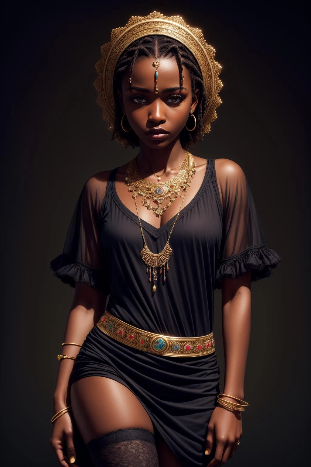 Obra de arte, melhor qualidade, resolução ultra alta, 1 garota africana de pele escura, (arte fractal:1.3), sombra profunda, tema escuro, totalmente vestido, colar, abandonado, 