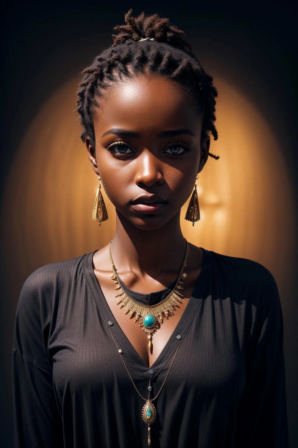 Obra de arte, melhor qualidade, resolução ultra alta, 1 garota africana de pele escura, (arte fractal:1.3), sombra profunda, tema escuro, totalmente vestido, colar, abandonado, tiro de vaqueiro