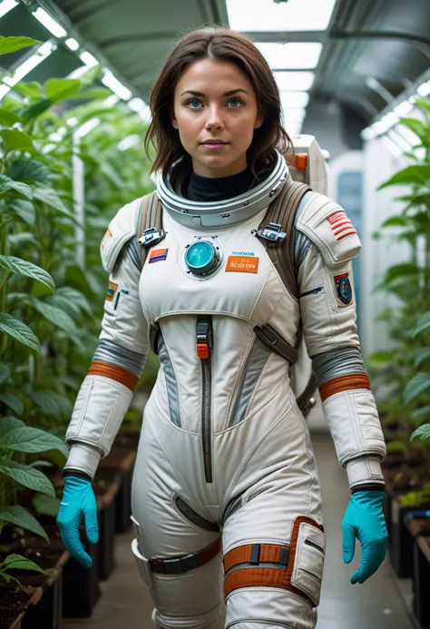 (medium full shot) of (brave astronaut) young woman, french, bright green eyes, light skin, tan skin, turquoise eyes, tiny build...