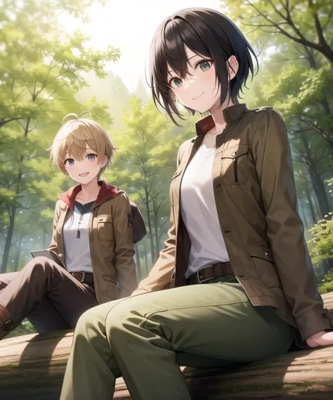 anime image of two people sitting on a log in the woods