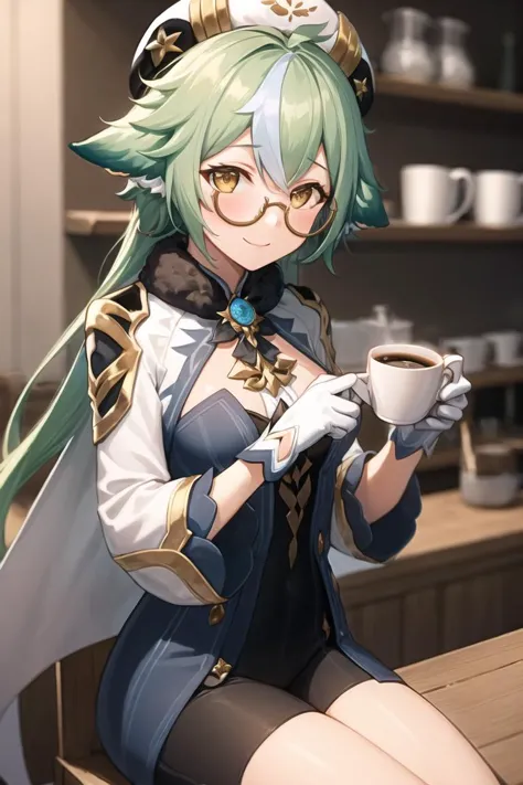 ((best quality)), 1girl at a cafe, sitting, coffee cup, happy, <lora:sucroseGenshinImpact_v10:1> sucrosedef, glasses