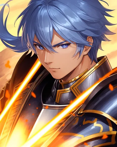 a close up of a person with blue hair and a sword