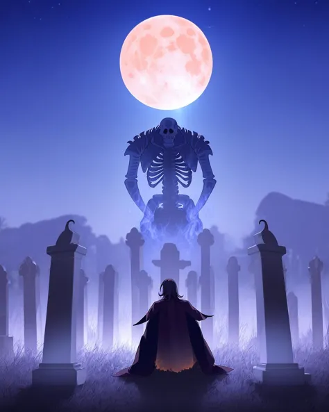 a person sitting in a cemetery with a giant skeleton in the background