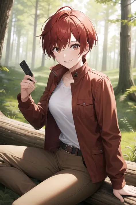 anime girl sitting on a log holding a cell phone