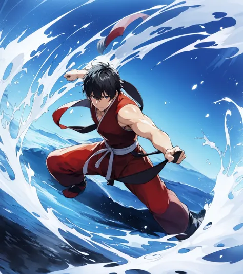 a man in red pants is riding a wave on a surfboard