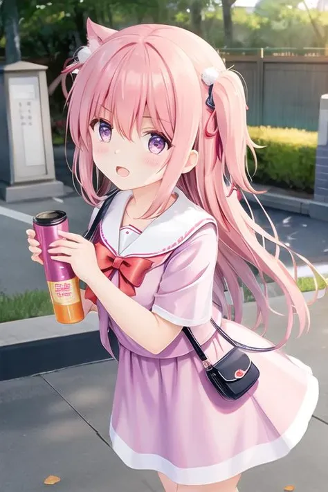 anime girl with pink hair and a pink dress holding a cup of coffee